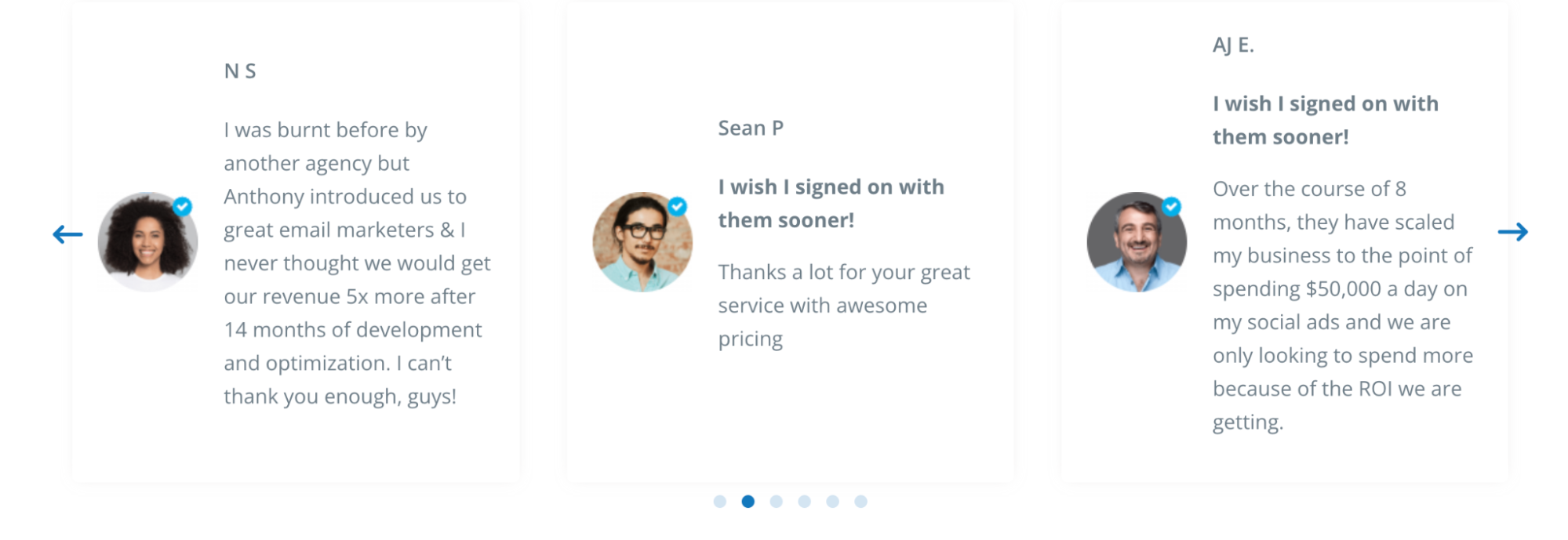A testimonial slider featuring client feedback for LeadAdvisors, with highlighted quotes praising email marketing, ROI improvement, and service quality. Clients express satisfaction with results like 5x revenue growth and high-performing ad campaigns.
