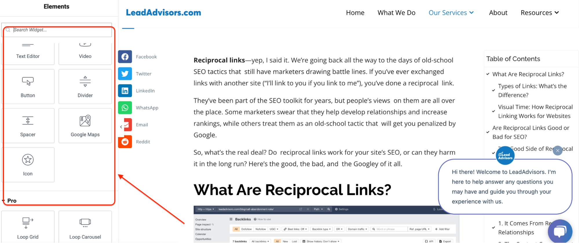 A screenshot of the LeadAdvisors website editor interface showing a blog post on reciprocal links, with widget elements like buttons, dividers, and Google Maps on the left, and social media sharing options and a live chat feature on the right.