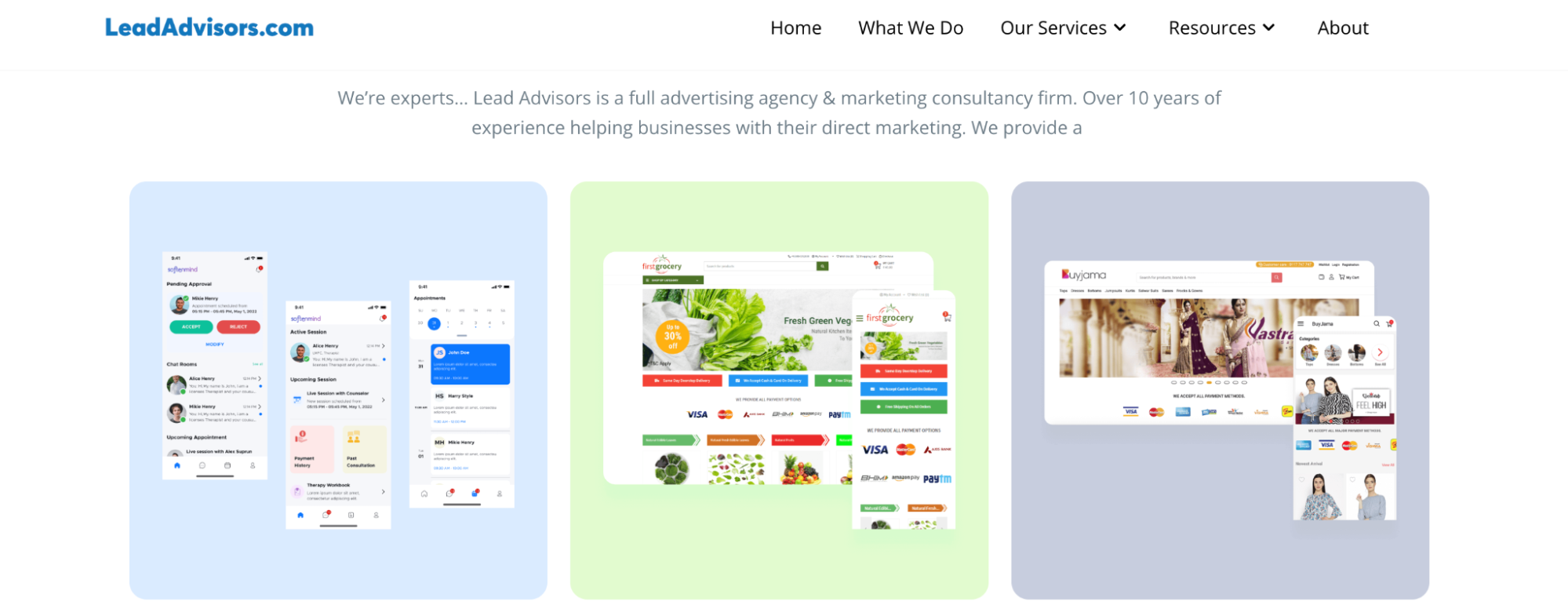 A website portfolio section from LeadAdvisors showcasing UI designs for mobile and desktop platforms, featuring a mental health app (Softremind), a grocery delivery site (First Grocery), and a fashion eCommerce store (Buy Jama).
