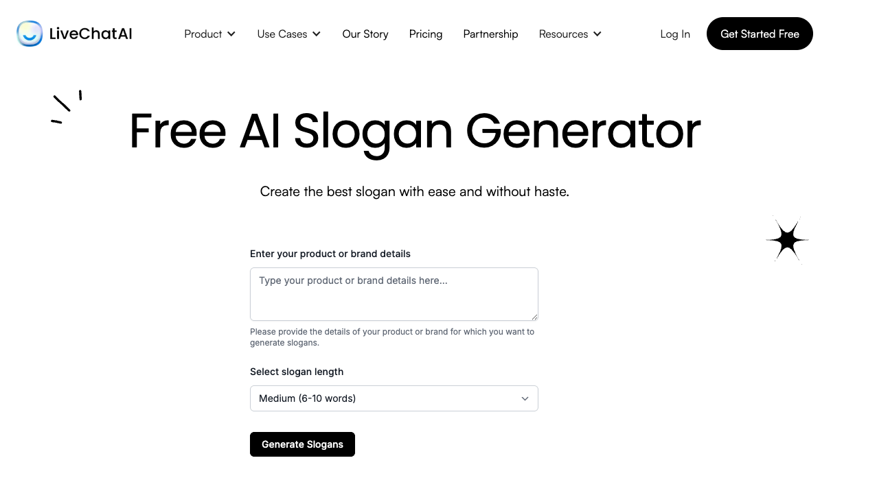  LiveChatAI slogan generator interface with input for brand details and slogan length selection for tailored business taglines