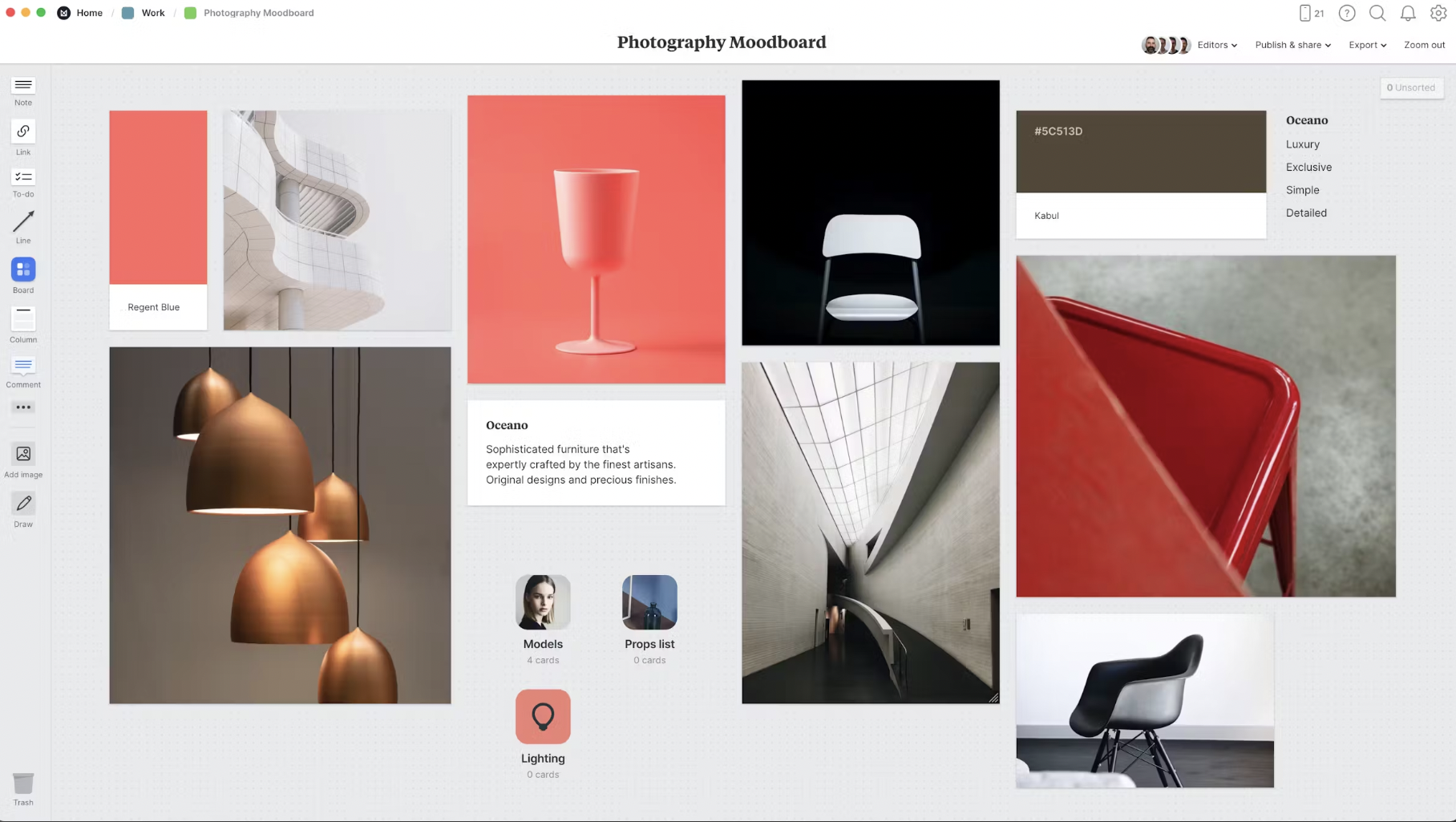 A photography mood board featuring modern interior and product design elements, with warm tones, minimalistic lighting, abstract architecture, and color swatches labeled with design keywords like “Luxury” and “Lighting.”