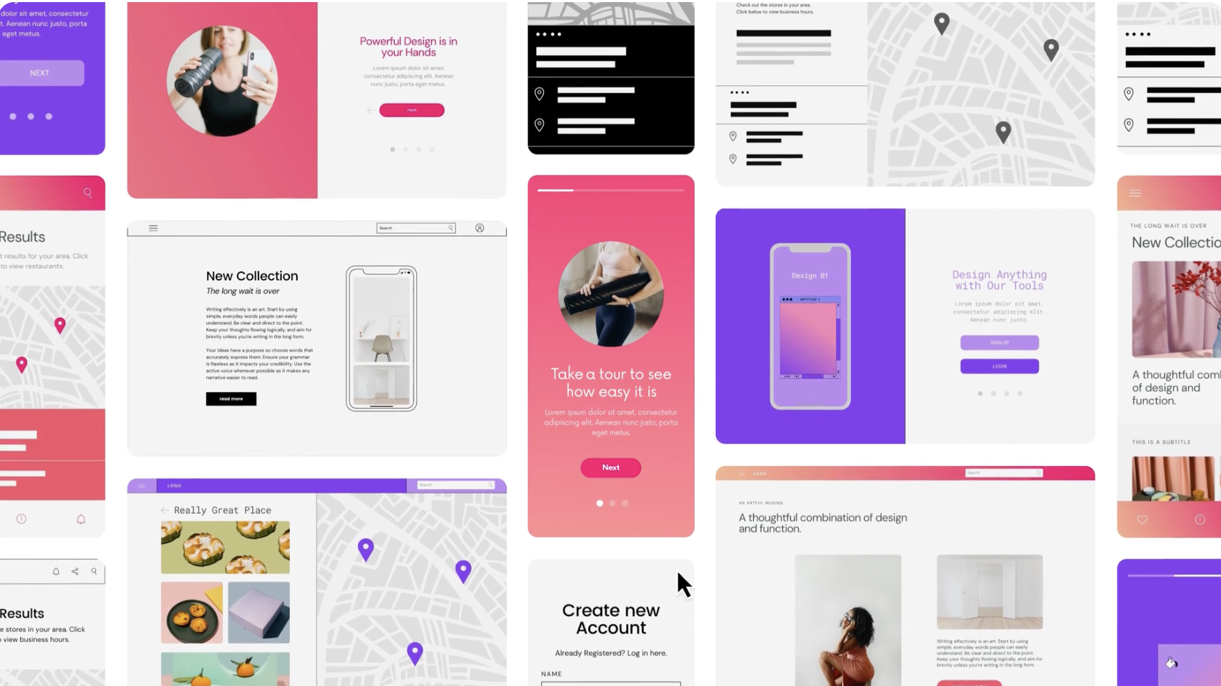 A collage of modern mobile and web UI mockups featuring bold gradients, product showcases, interactive maps, and minimalist layouts in vibrant colors like pink, purple, and coral, demonstrating a design system in action.