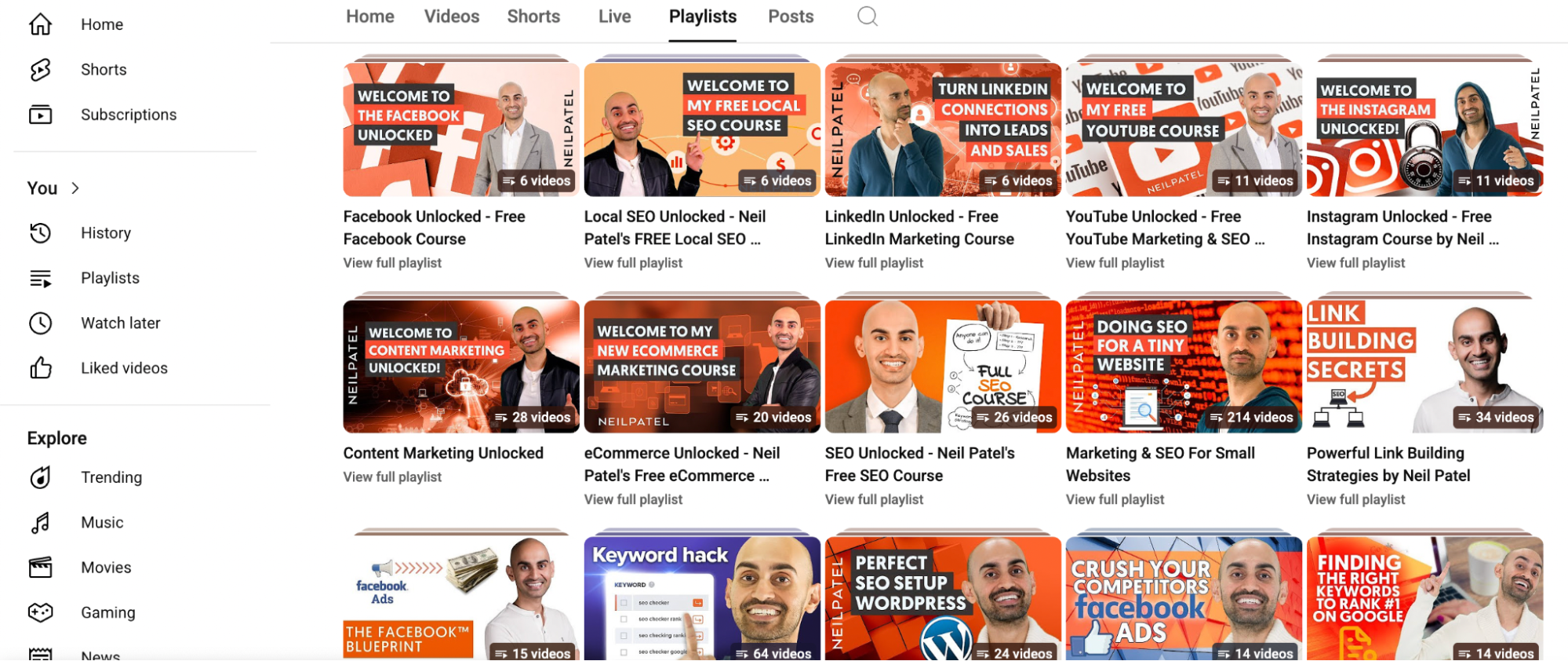 A YouTube playlist view featuring Neil Patel's digital marketing video courses, including free series on SEO, social media platforms (Facebook, LinkedIn, Instagram), content marketing, eCommerce, and keyword strategies, with video counts displayed on each thumbnail.