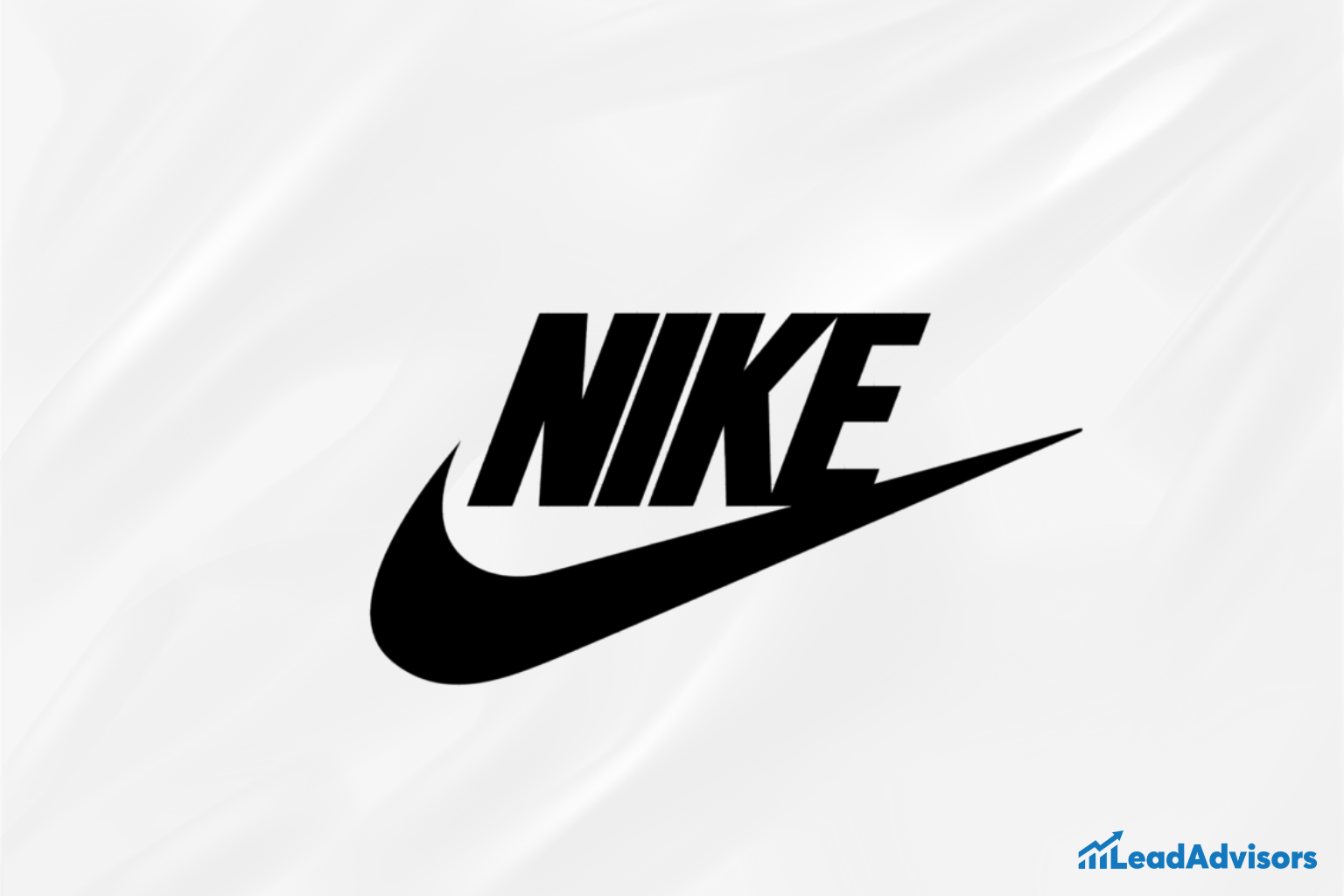 Iconic Nike logo featuring bold black lettering and the signature swoosh, symbolizing speed, movement, and performance. The image includes the LeadAdvisors logo, indicating a branding analysis or educational use.