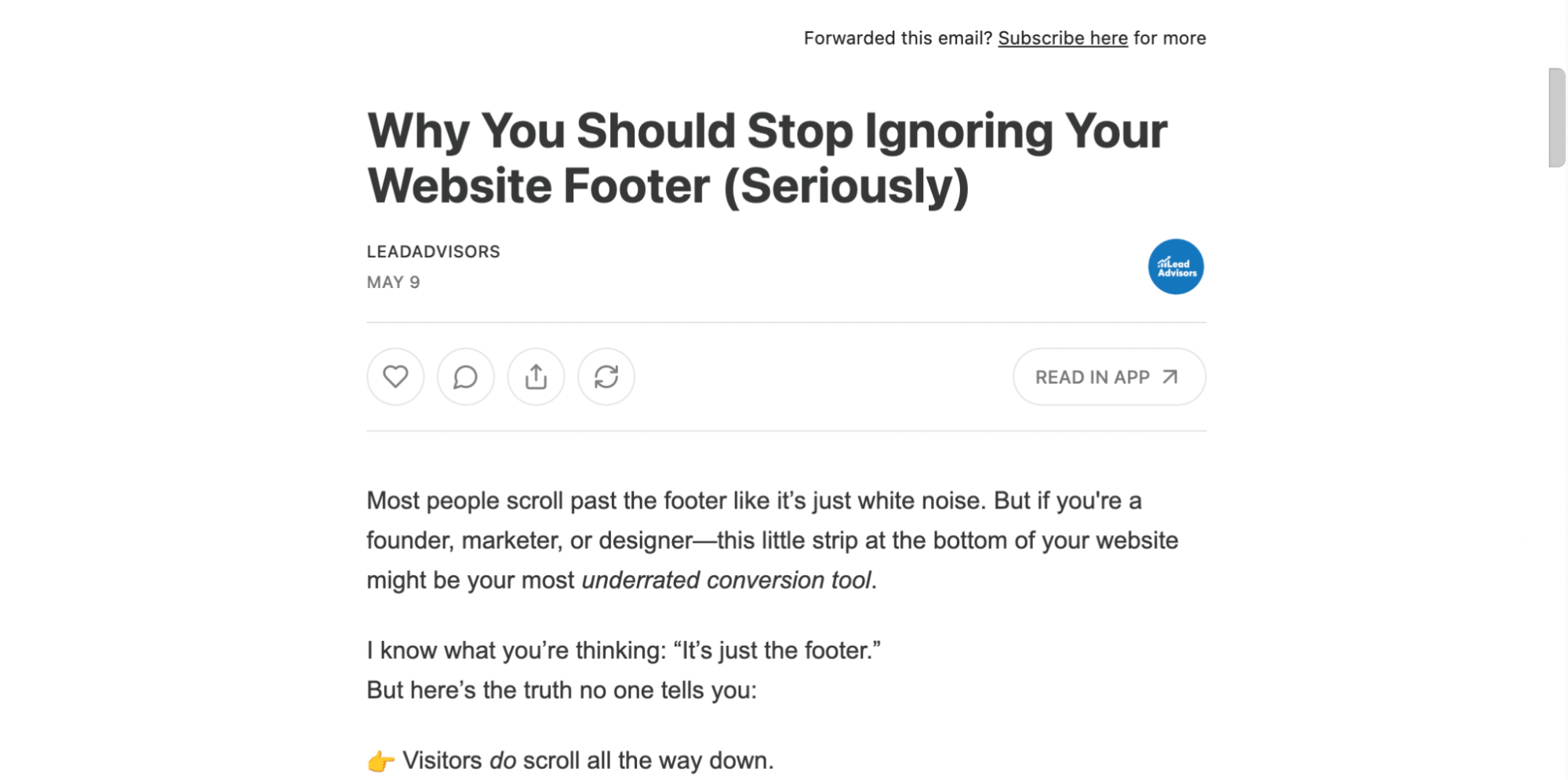 Screenshot of a LeadAdvisors article titled “Why You Should Stop Ignoring Your Website Footer (Seriously),” highlighting the importance of footers as conversion tools. The article argues that users do scroll to the bottom and urges marketers to optimize footers.