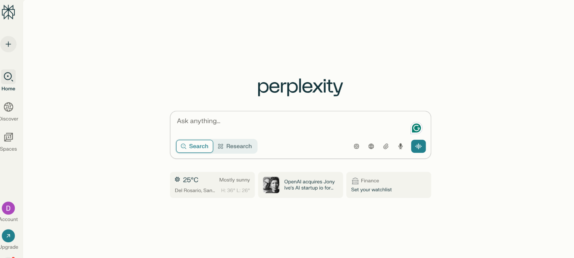 Screenshot of the Perplexity AI homepage showing a clean interface with a central search and research prompt bar, navigation icons on the left for Home, Discover, and Spaces, and current weather and trending news displayed below.