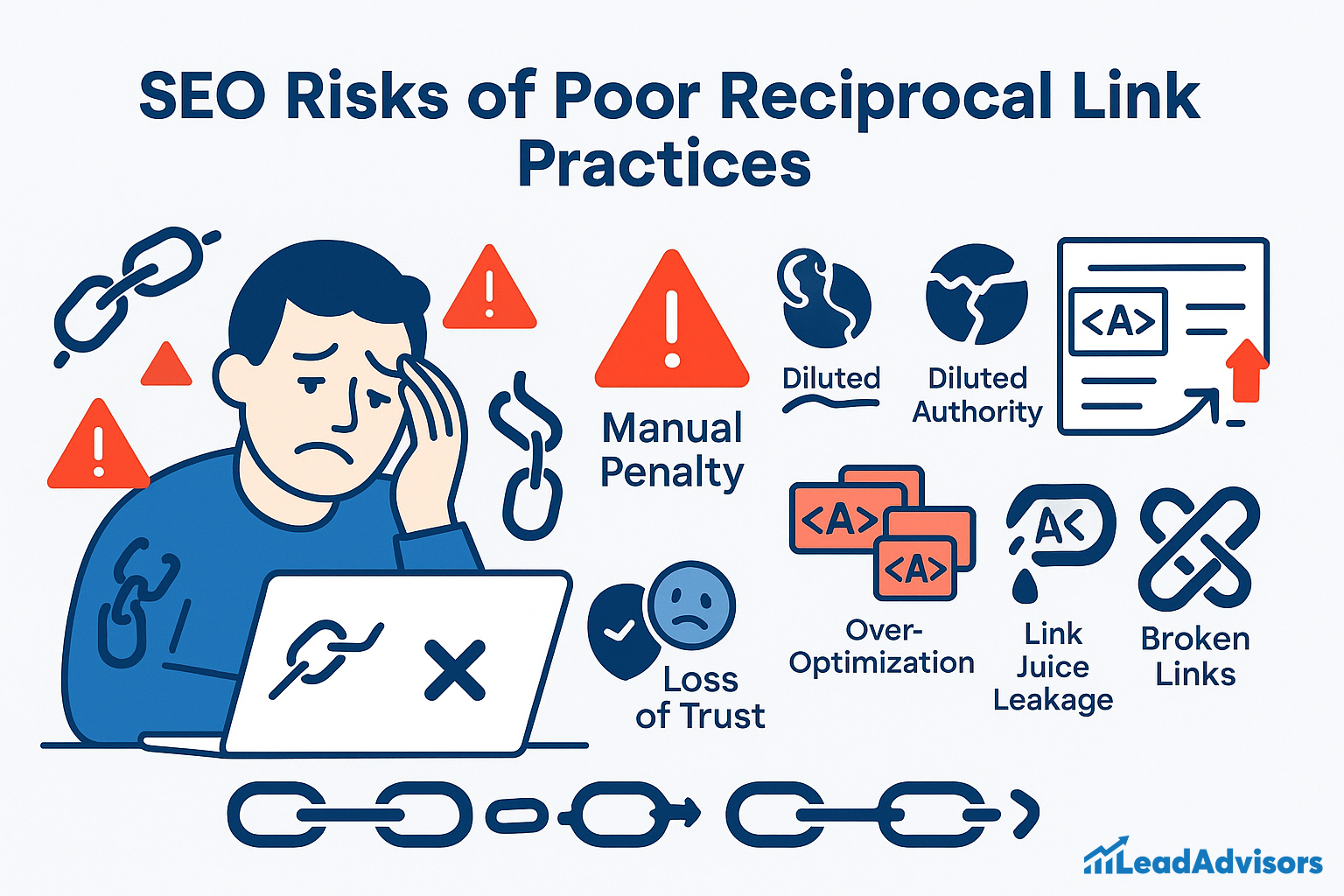 Visual showing SEO risks of bad reciprocal link practices, like penalties, link juice loss, and broken links.