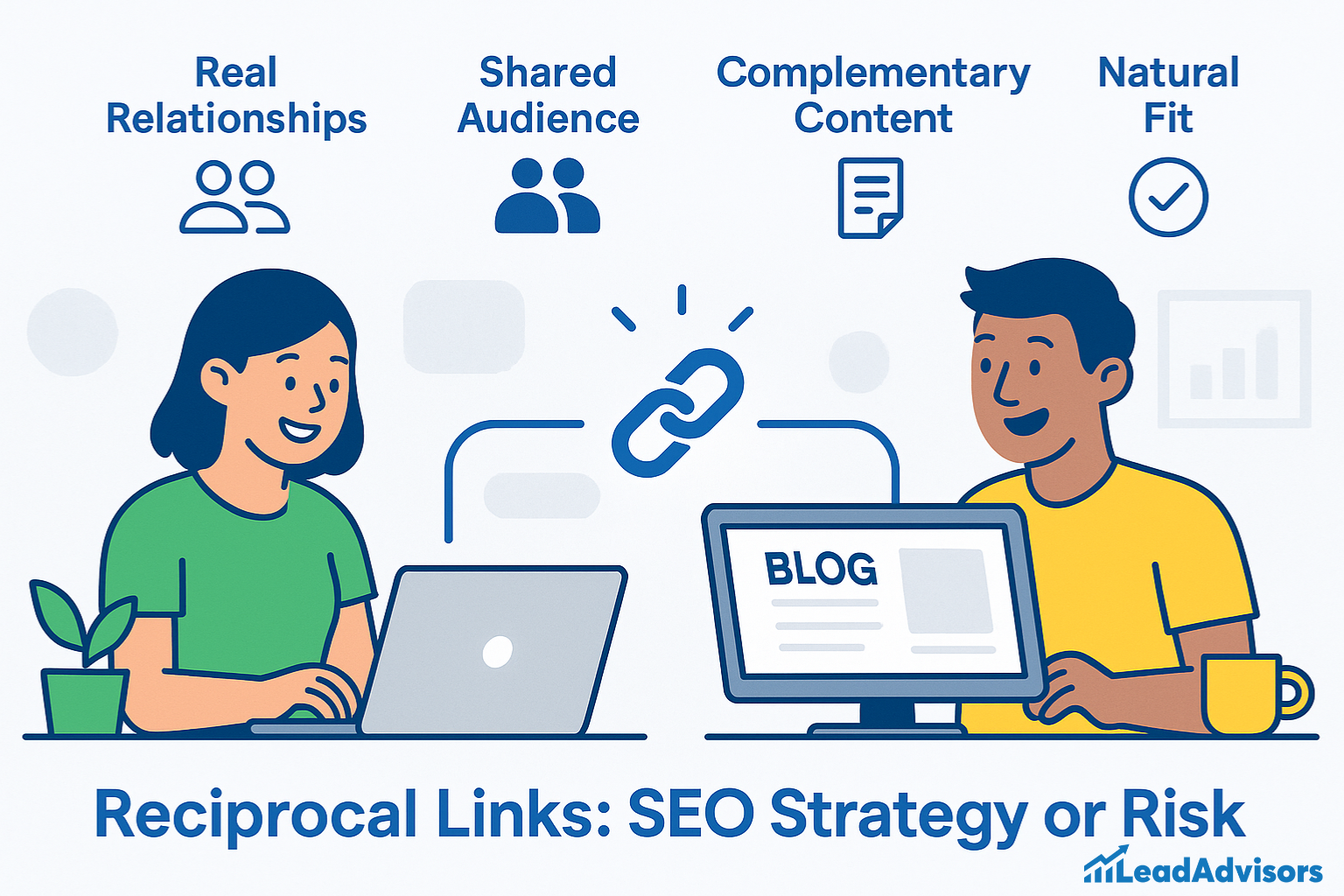 Illustration of two people exchanging blog links, highlighting benefits of reciprocal links like shared audience and complementary content.