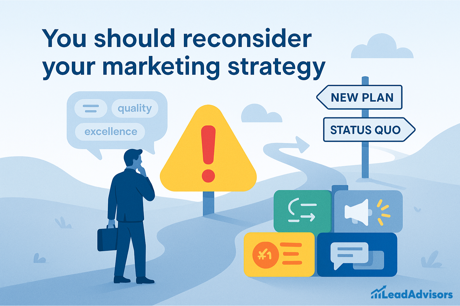 Illustration of a businessperson standing at a crossroads, contemplating a change in marketing strategy with road signs pointing to "New Plan" or "Status Quo." A warning sign and icons representing communication, feedback, and promotion emphasize the need for strategic reevaluation.
