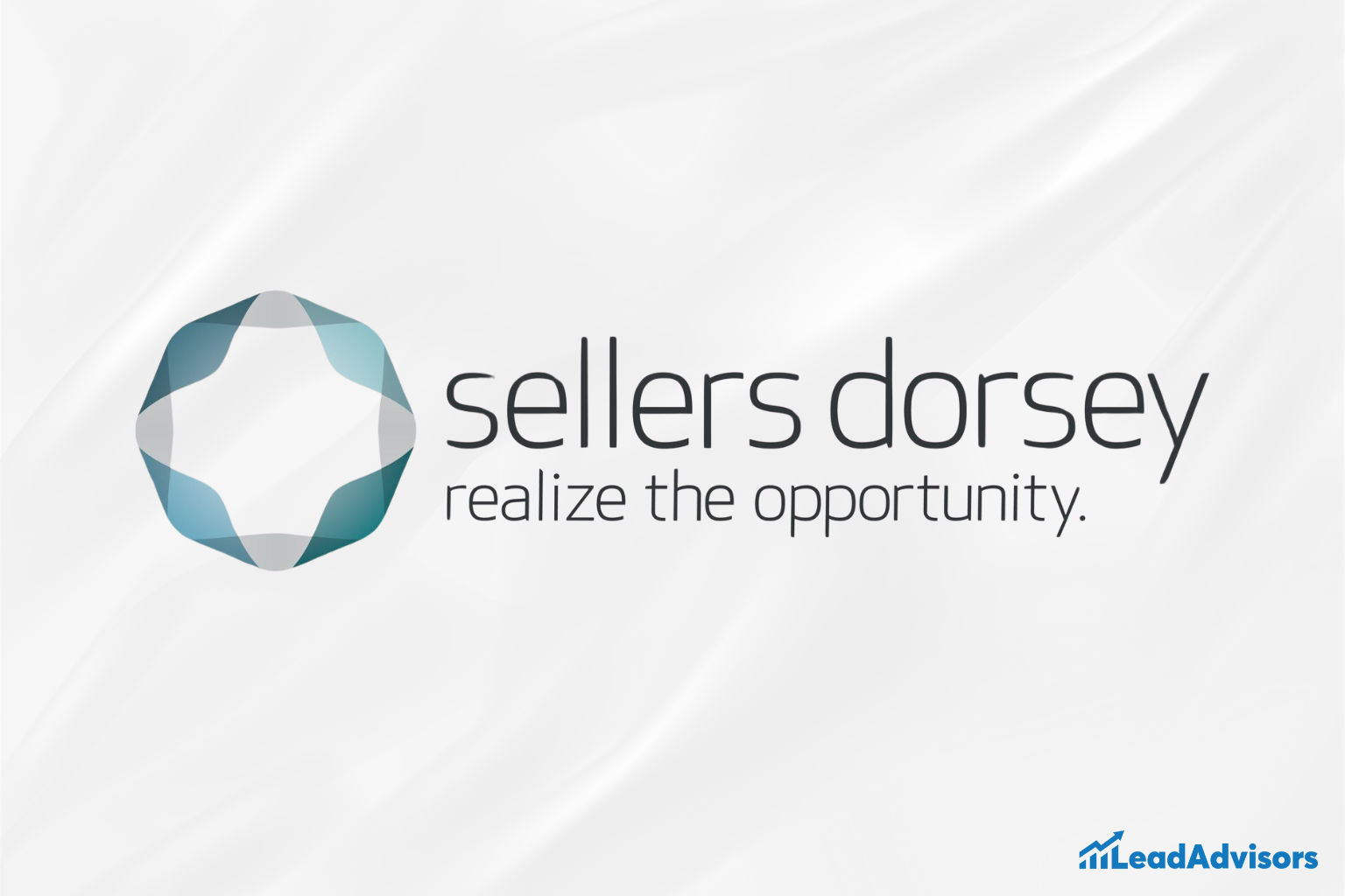 Sellers Dorsey logo featuring a modern, teal-toned geometric emblem next to clean, lowercase typography and the tagline “realize the opportunity.” The design conveys professionalism and innovation, with the LeadAdvisors logo included for branding context.
