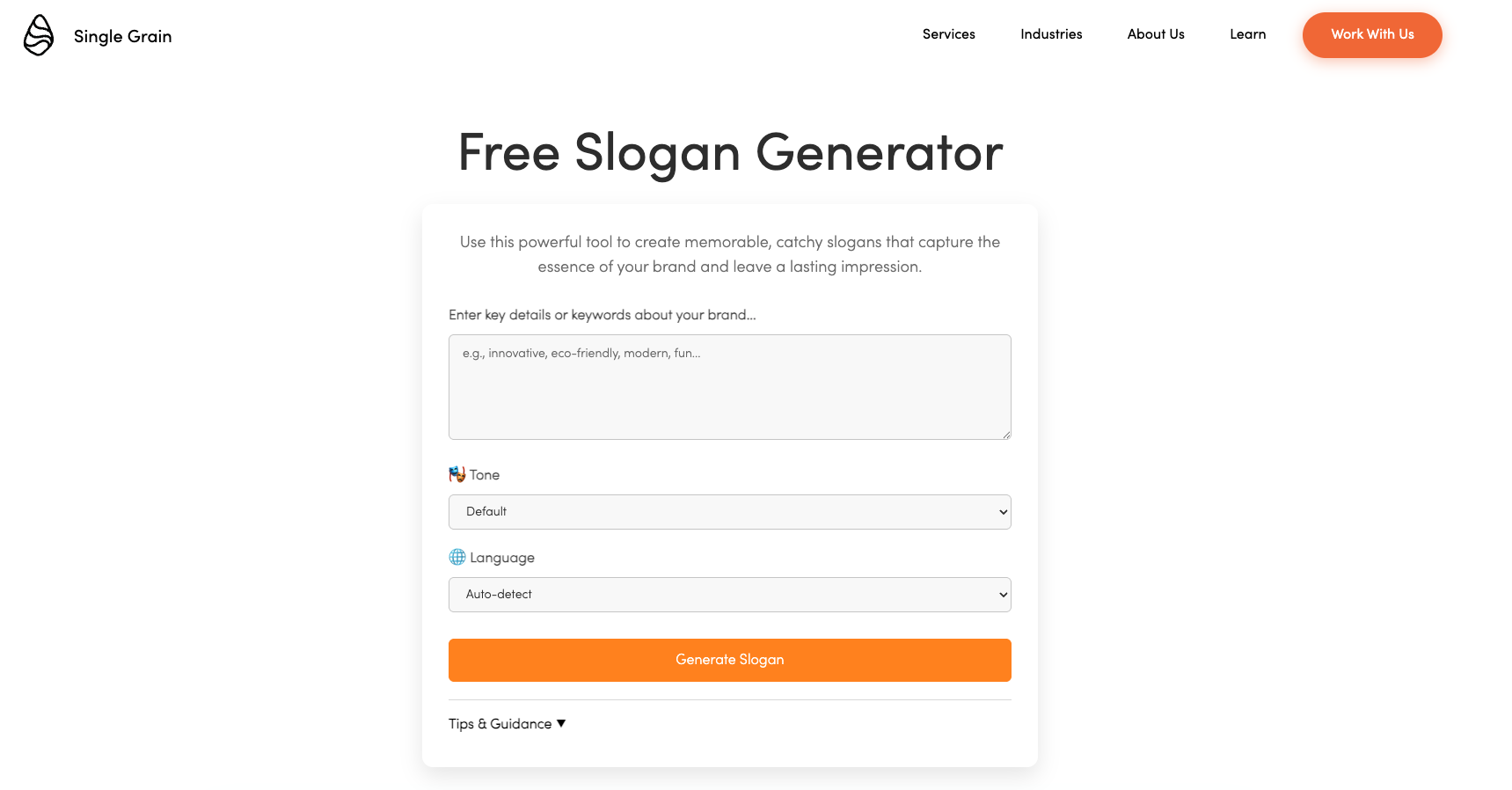  Interface of Single Grain's AI slogan generator with tone and language dropdowns and a generate button