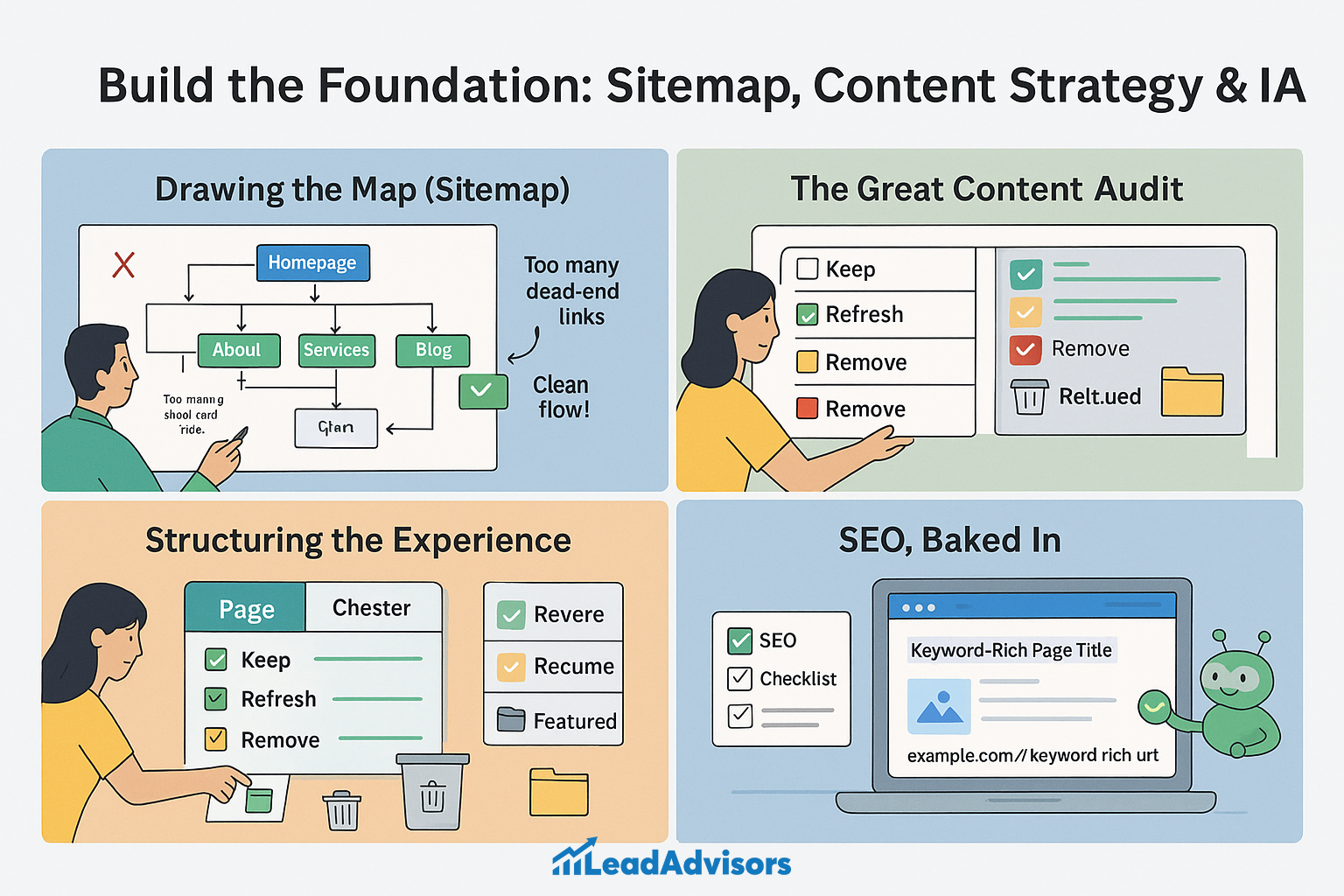 An infographic by LeadAdvisors outlining the foundational elements of effective website planning, including sitemap creation, content auditing, user experience structuring, and integrated SEO strategy with keyword-rich URLs.