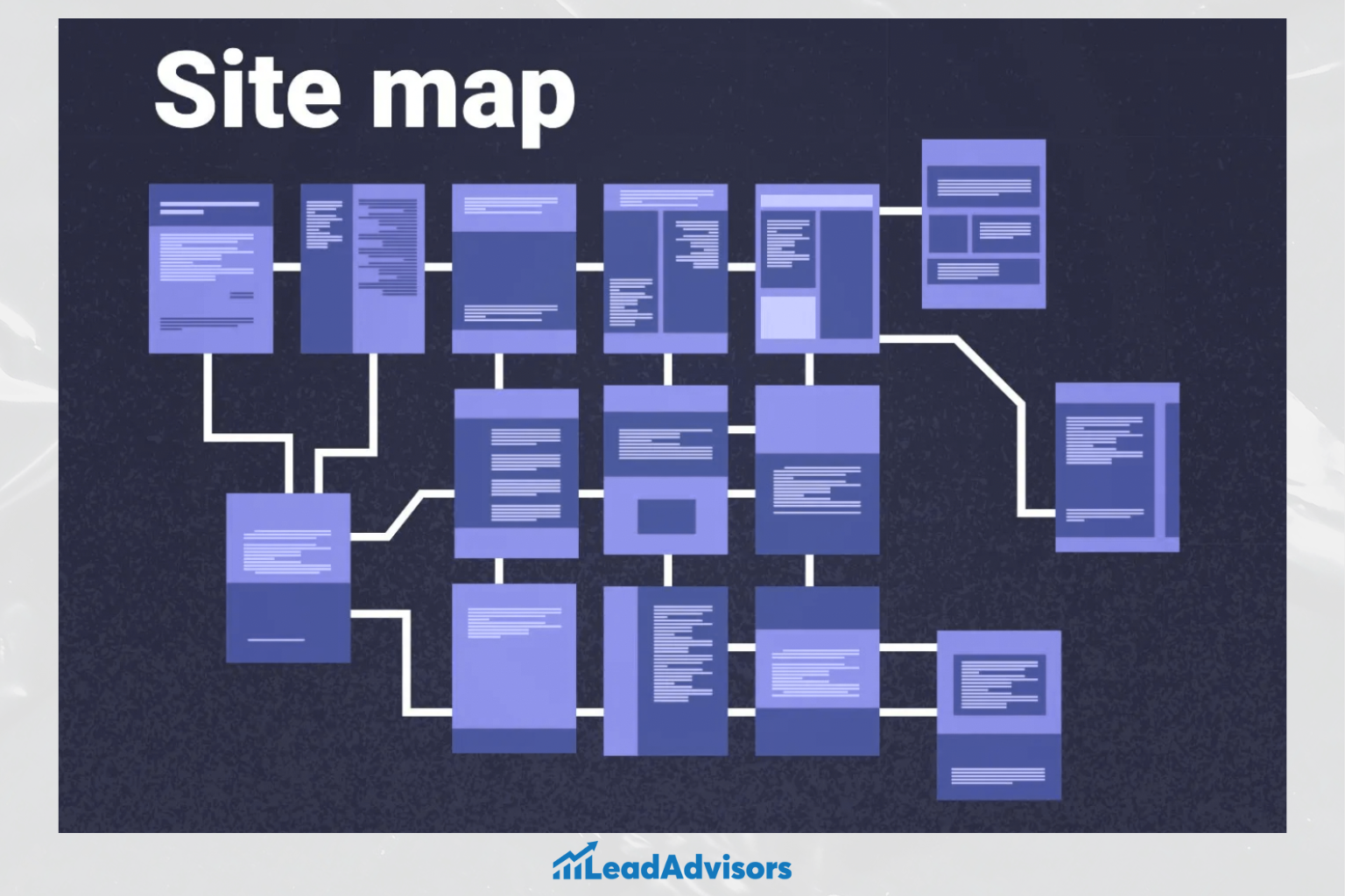An illustrated site map visual showing interconnected web pages in various layouts, organized in a hierarchical flow to represent website structure and navigation paths.