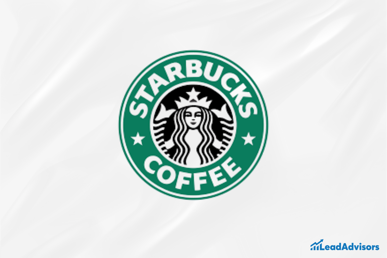 The classic green and white Starbucks Coffee logo featuring the twin-tailed siren centered on a white background. The image also includes a small LeadAdvisors logo in the corner, symbolizing brand analysis or reference.