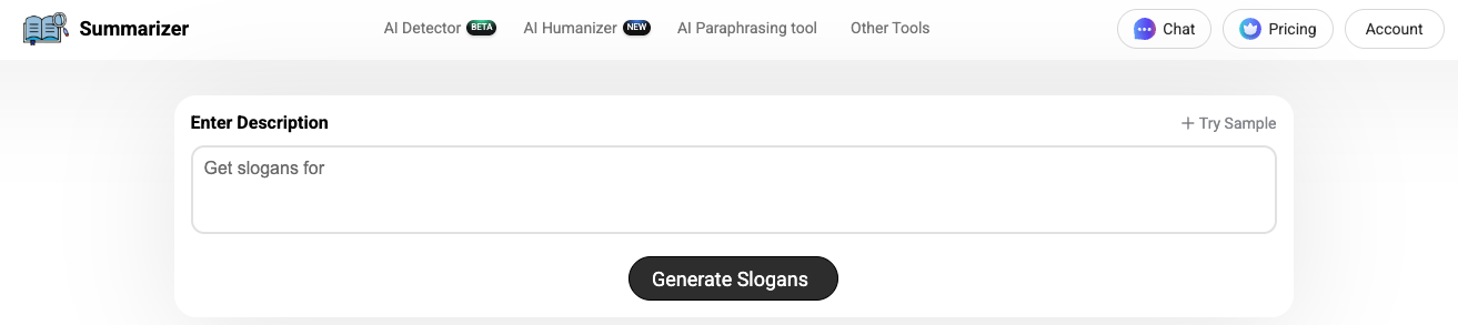 Summarizer.org slogan tool interface showing slogan input bar and download button for .docx file export