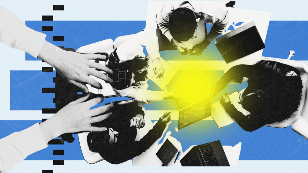 A top-down view of a collaborative team meeting, with hands reaching over laptops and notebooks, highlighted by bright lighting effects and a modern digital overlay.