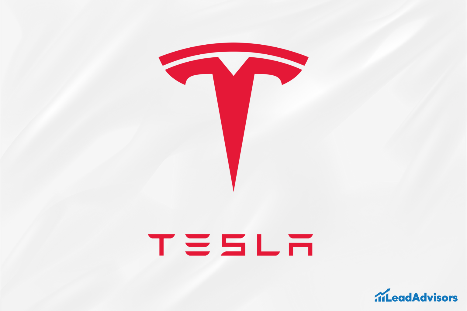 Tesla’s sleek red logo featuring a stylized “T” symbol and futuristic lettering, representing innovation in electric vehicles and cutting-edge technology. The image includes the LeadAdvisors logo in the corner, suggesting a branding or strategic context.