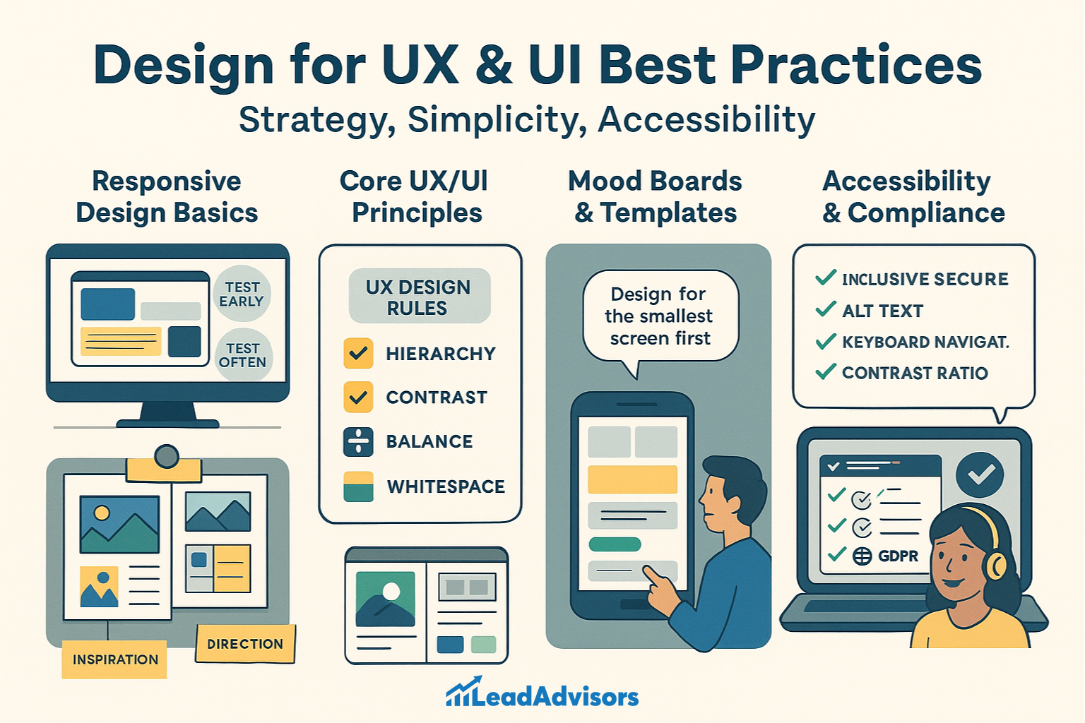 An infographic by LeadAdvisors outlining UX and UI best practices across four pillars: responsive design basics, core UX/UI principles, mood boards and templates, and accessibility compliance including alt text, keyboard navigation, and GDPR.