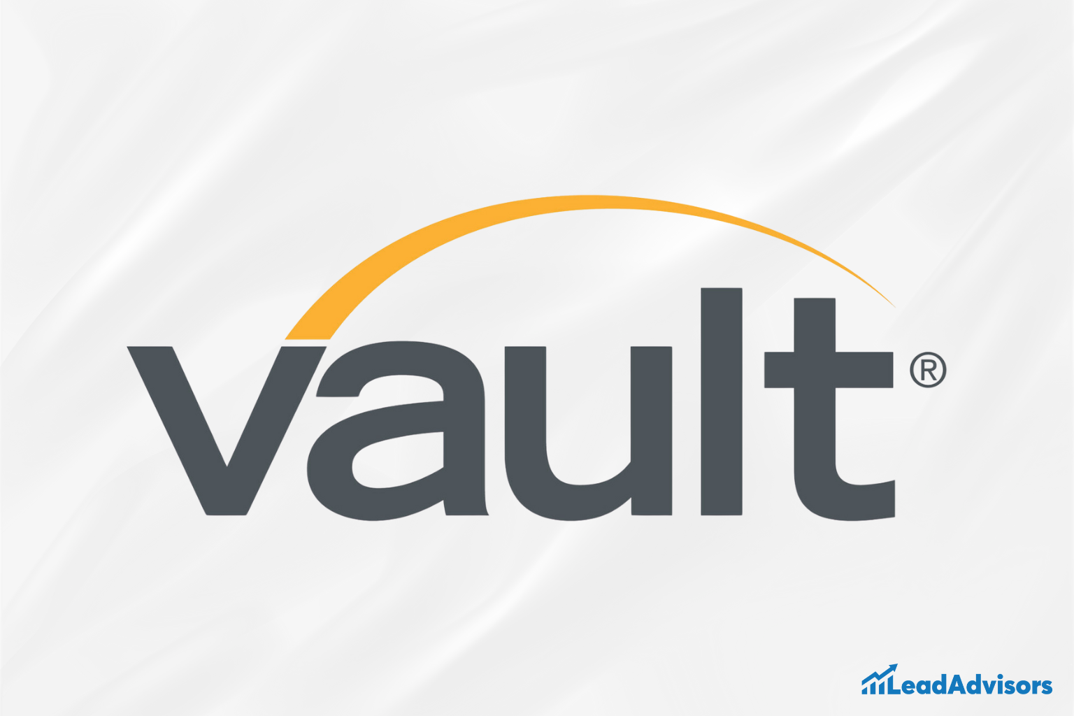 Vault logo featuring bold, modern grey typography with a dynamic orange arc over the text, symbolizing forward momentum and growth. The image includes the LeadAdvisors logo in the bottom corner, suggesting branding context or analysis.