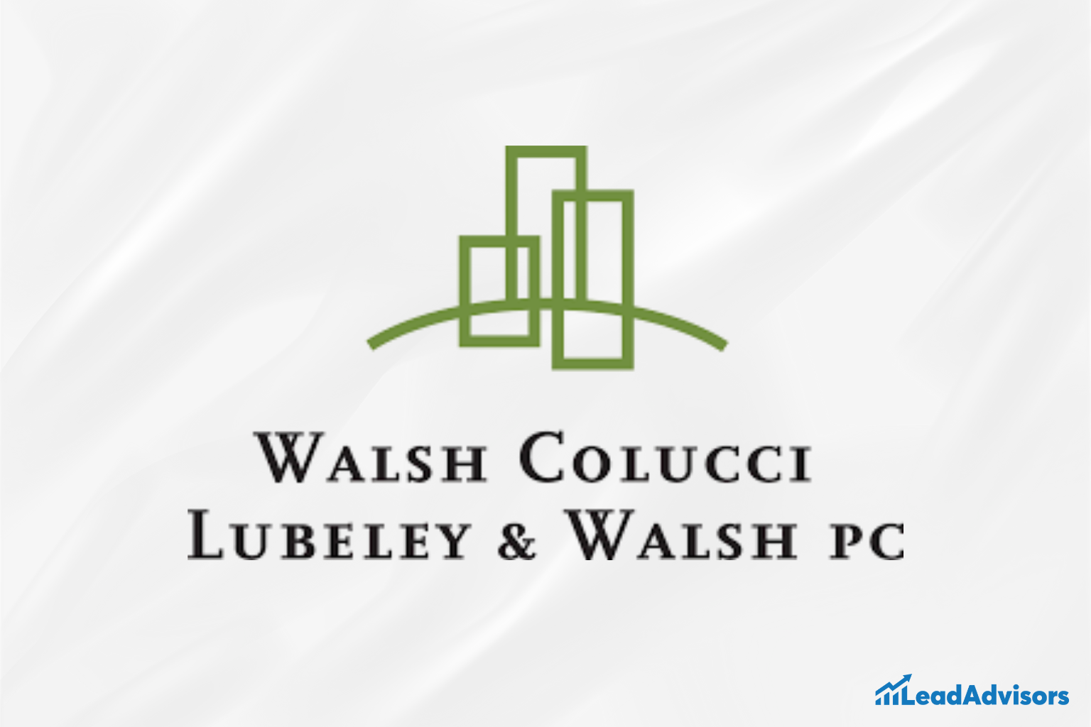 Logo for Walsh Colucci Lubeley & Walsh PC featuring stylized green building outlines above the firm's name in classic serif typography. The design suggests professionalism in land use law or real estate development, with the LeadAdvisors logo appearing in the corner.