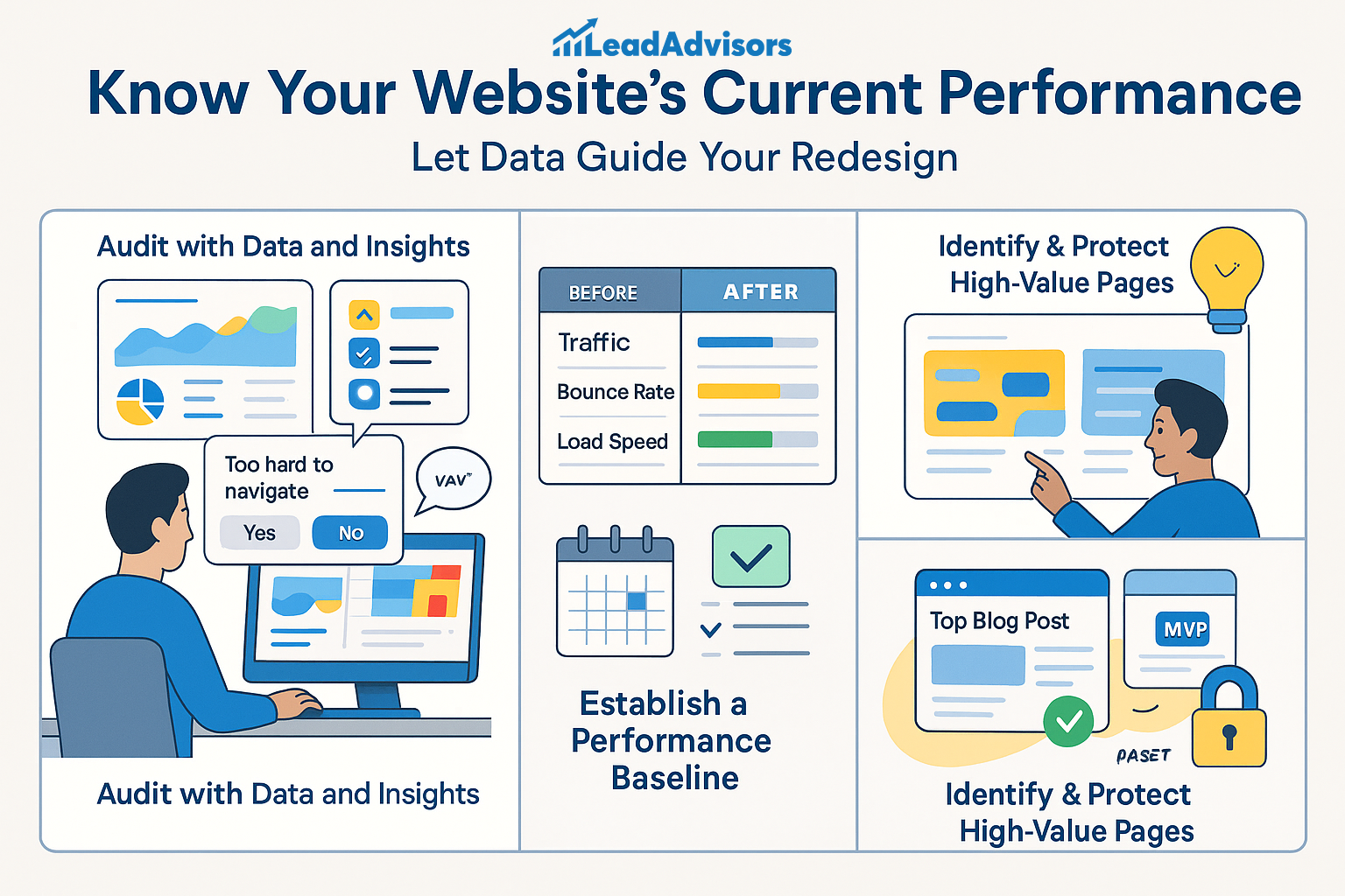 An infographic by LeadAdvisors titled “Know Your Website’s Current Performance,” showing how to audit data, establish a performance baseline, and protect high-value pages to guide strategic website redesigns.