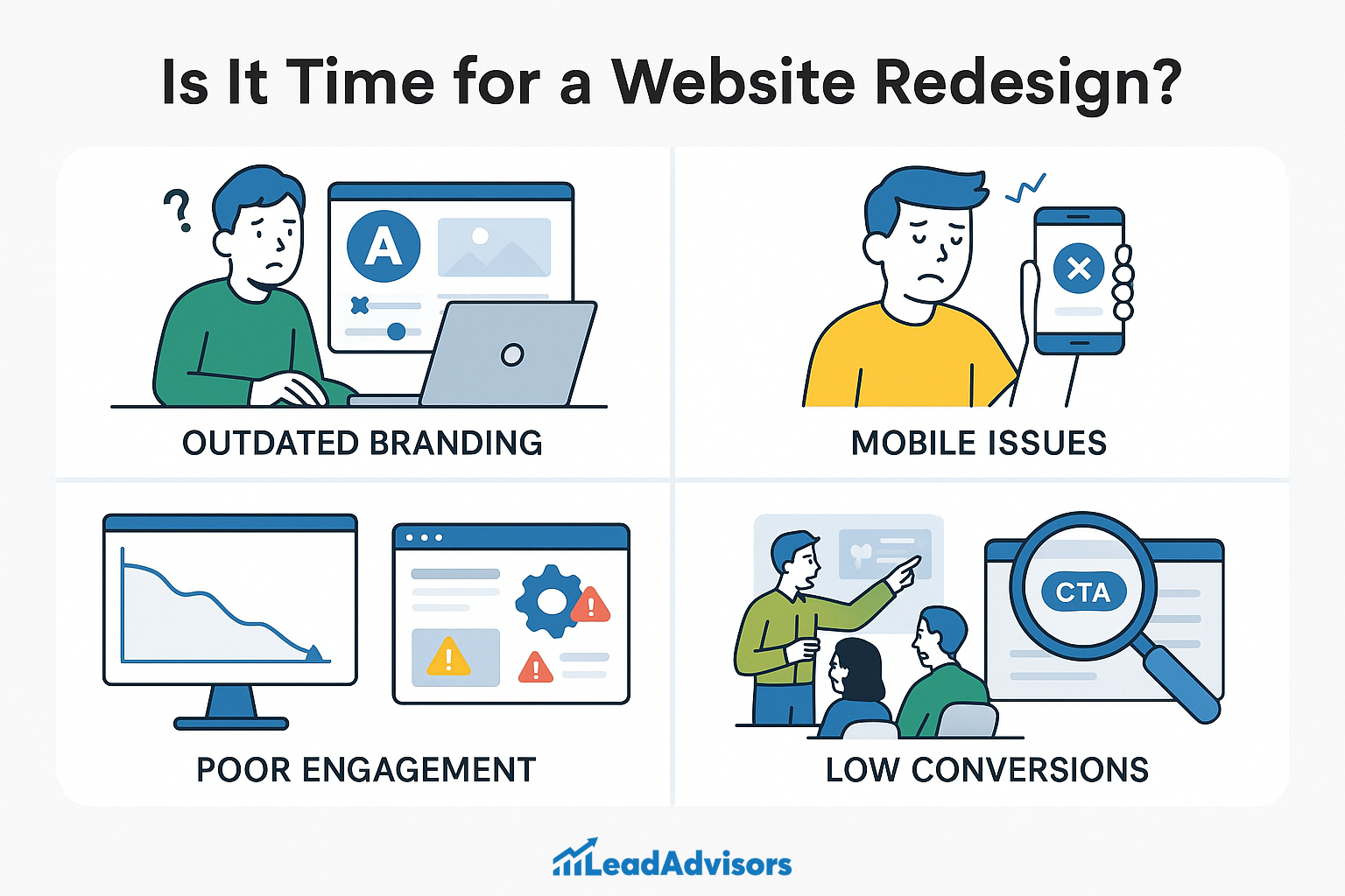 An infographic by LeadAdvisors asking if it’s time for a website redesign, highlighting four key issues: outdated branding, mobile responsiveness problems, poor user engagement, and low conversion rates.