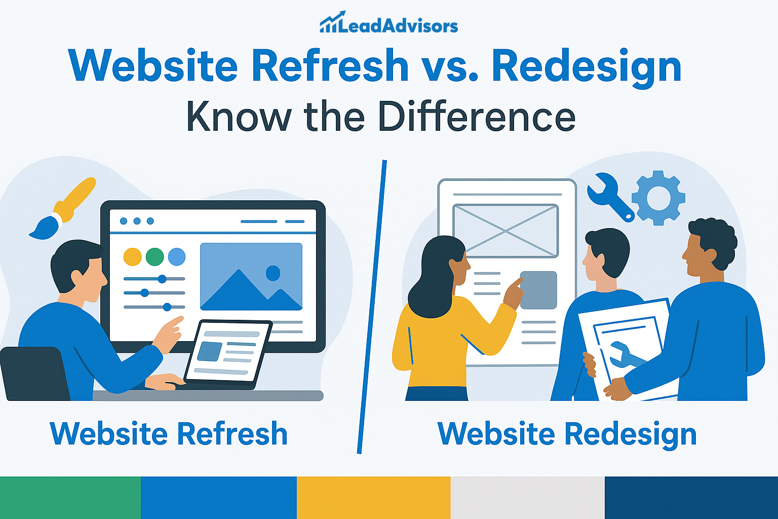 An infographic by LeadAdvisors comparing website refresh and website redesign, with visuals showing a minor visual update on the left and a complete structural overhaul involving multiple team members on the right.