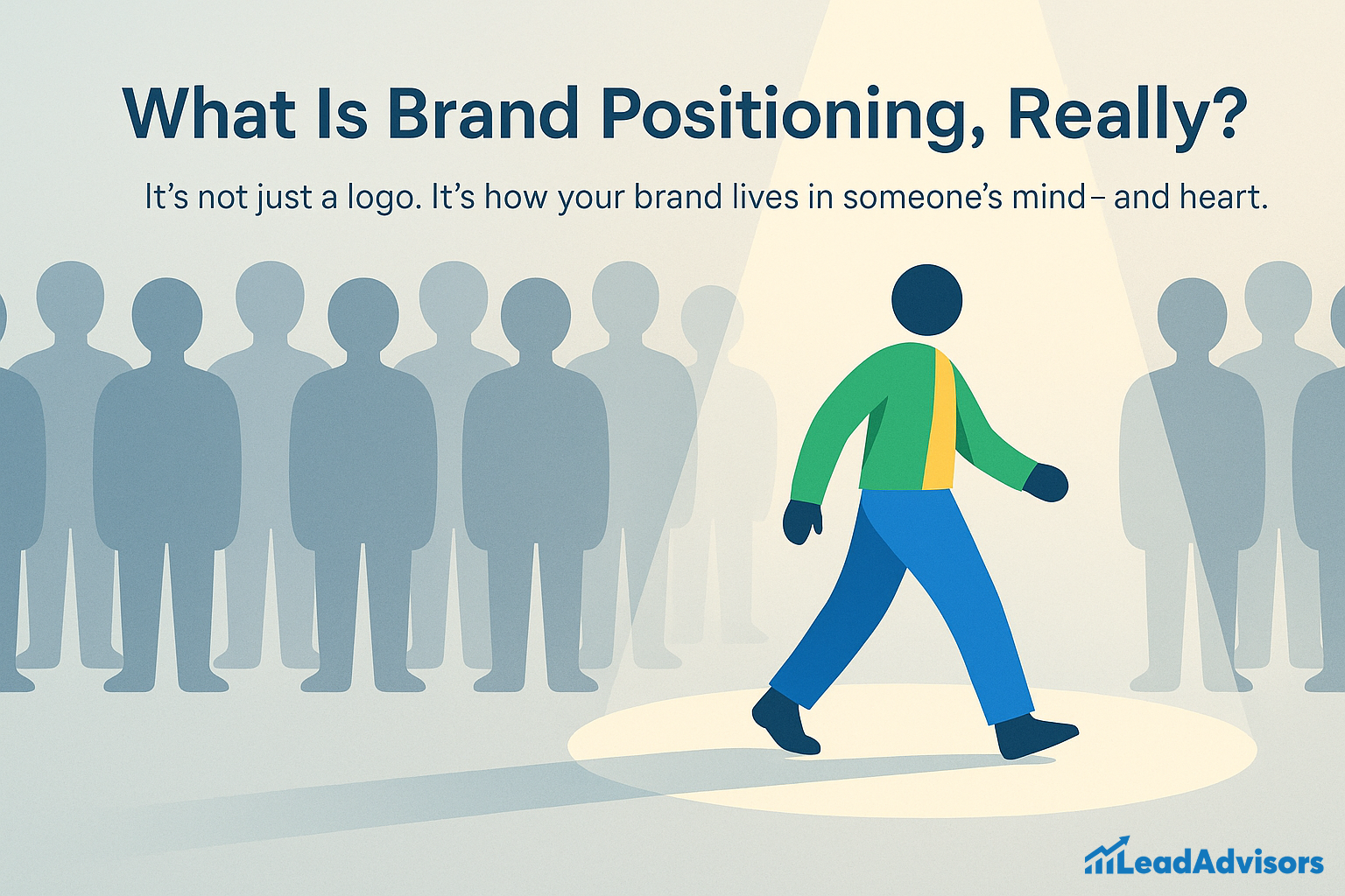 Illustration of a single colorful figure stepping confidently into a spotlight among a crowd of grey silhouettes, visually representing the concept of brand positioning as standing out and creating emotional impact. The text highlights that branding goes beyond logos—it’s about how your brand is perceived in the mind and heart.