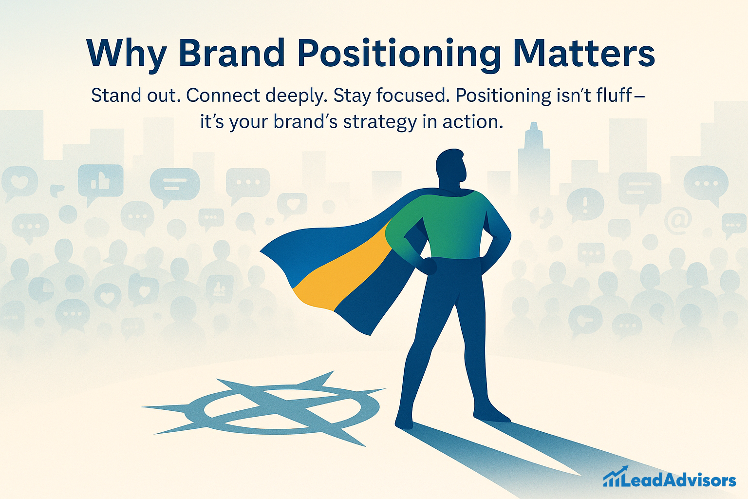 Illustration of a superhero-like figure standing confidently with a cape, symbolizing strong brand positioning, surrounded by digital icons and audience silhouettes. The text emphasizes that brand positioning is a strategic tool for standing out and making meaningful connections.