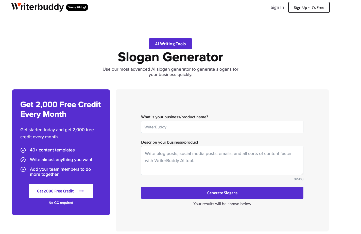 WriterBuddy slogan generator interface with fields for business input and description, featuring free credit offer