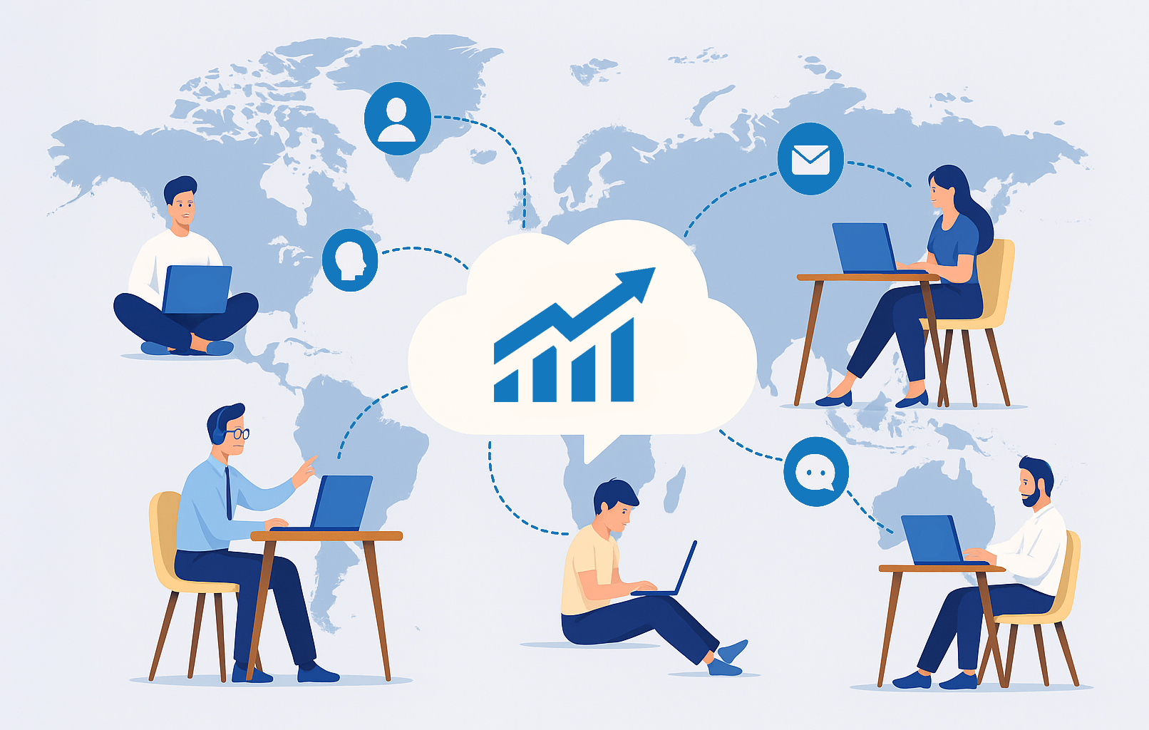 Illustration representing LeadAdvisors' modern and global work environment, emphasizing innovation, connectivity, and professional growth.