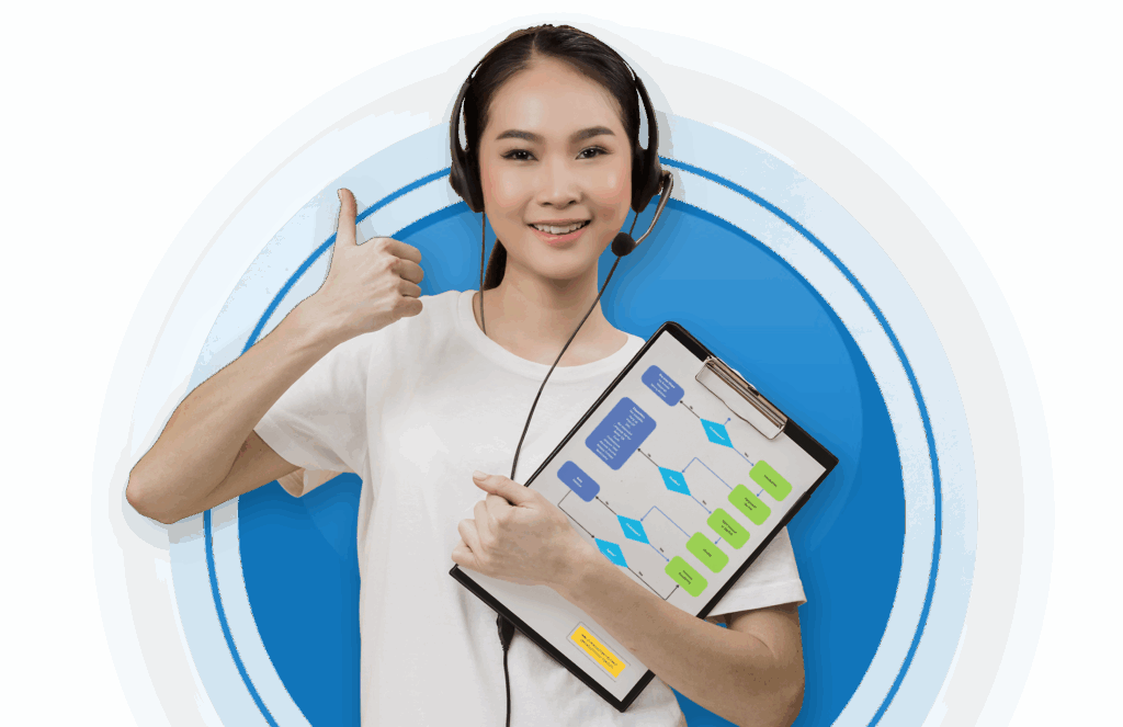 LeadAdvisors customer service agent wearing a headset, smiling while assisting a client in a professional office environment.