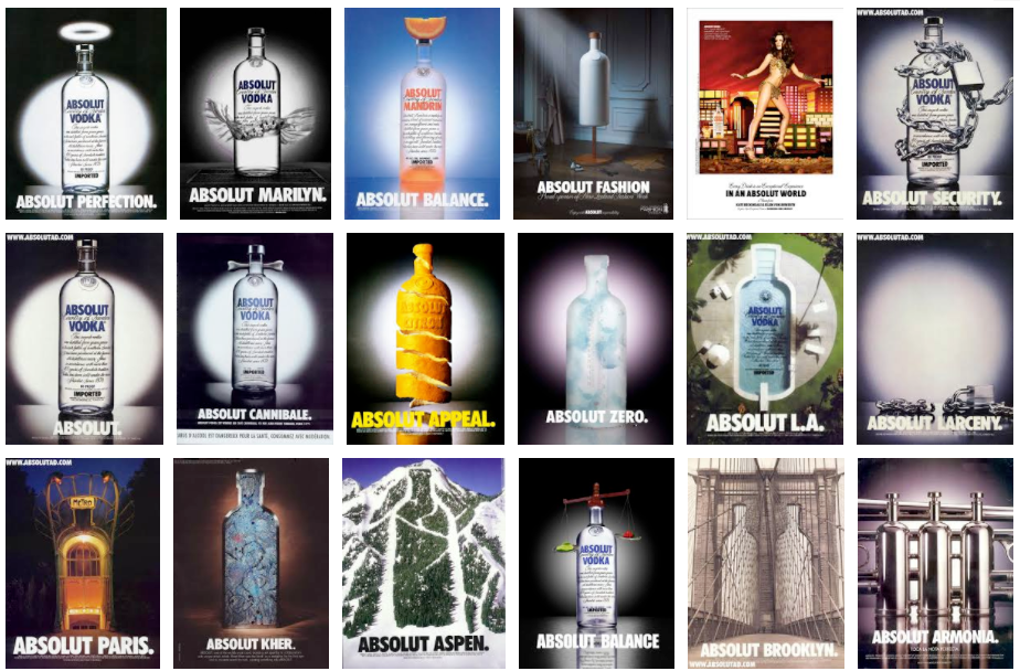 Collection of Absolut Vodka bottle ads from the 25-year creative campaign showcasing artistic variations on the brand’s iconic bottle shape.