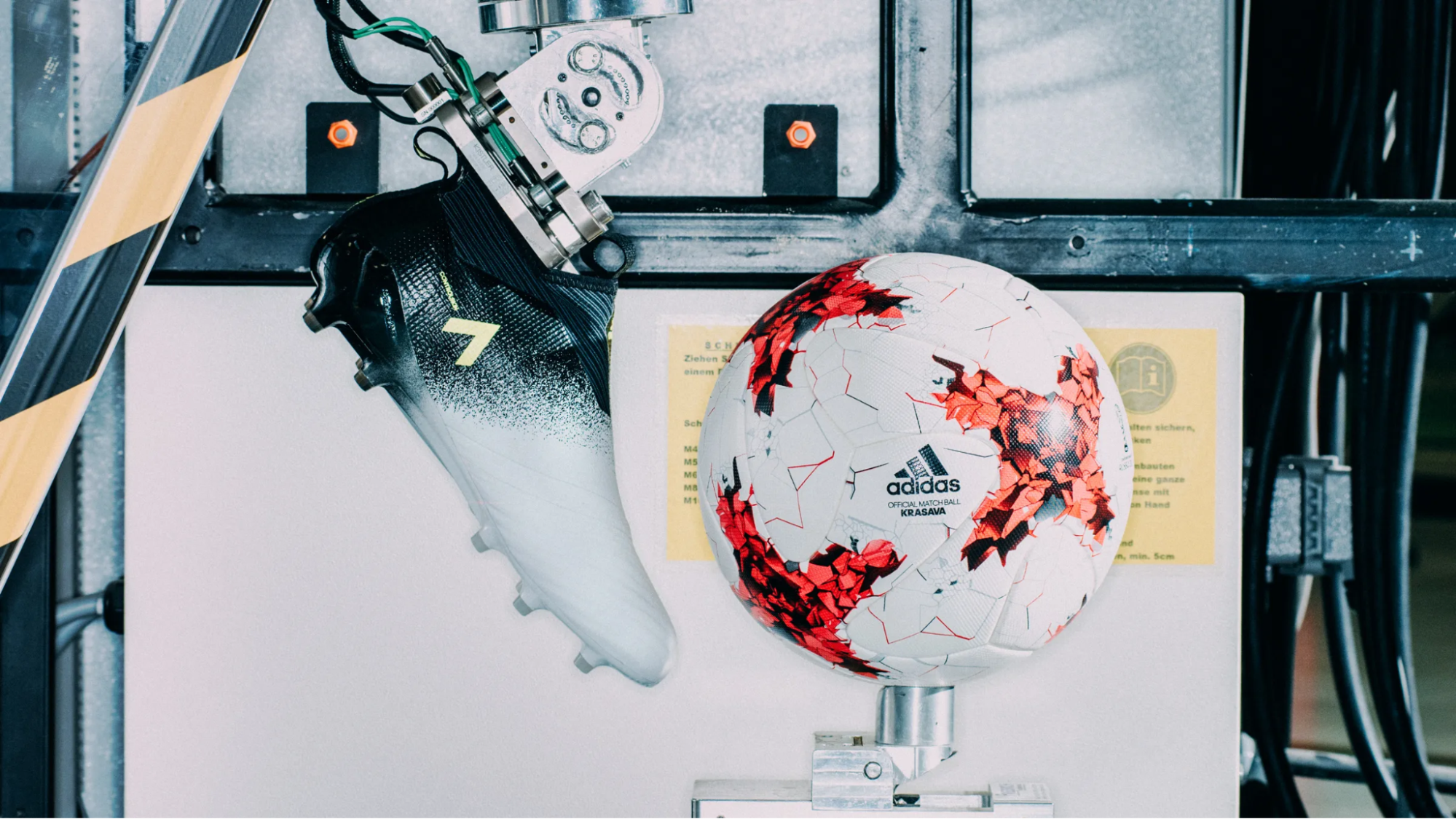 Adidas shoe and soccer ball in a robotic production setup, showing the precision and quality of their factory process.