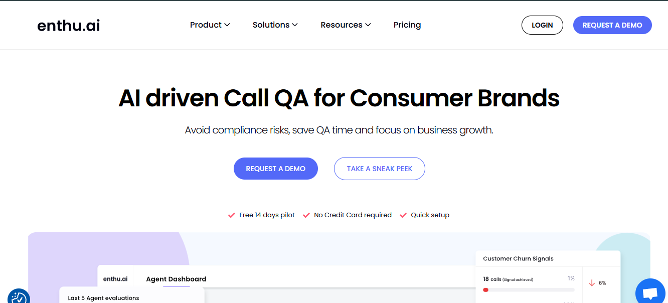 Homepage of Enthu.ai promoting its AI-driven call quality assurance tool for consumer brands, highlighting features like risk reduction, time-saving, and growth-focused QA. Includes demo request buttons, a free 14-day pilot offer, and no credit card requirement.