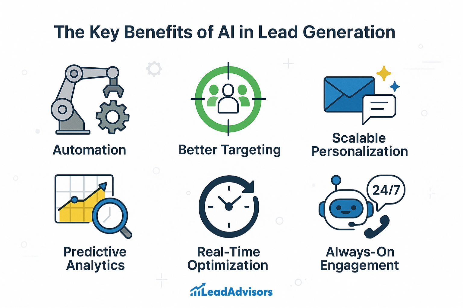 An infographic titled “The Key Benefits of AI in Lead Generation” by LeadAdvisors, featuring six illustrated advantages: automation, better targeting, scalable personalization, predictive analytics, real-time optimization, and always-on 24/7 engagement.