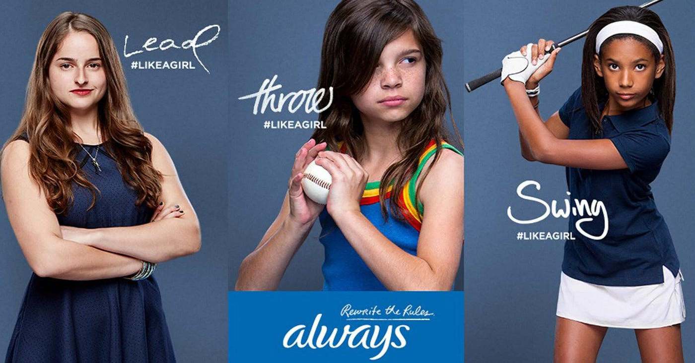 Young girls confidently posing and playing sports in the Always #LikeAGirl campaign, challenging stereotypes about girlhood.