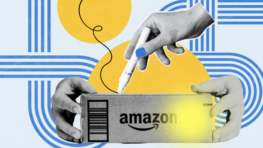 A stylized digital collage showing a hand holding a marker above an Amazon delivery box being handed off, with abstract yellow circles and blue line patterns in the background. The design suggests themes of product reviewing and branding creativity.