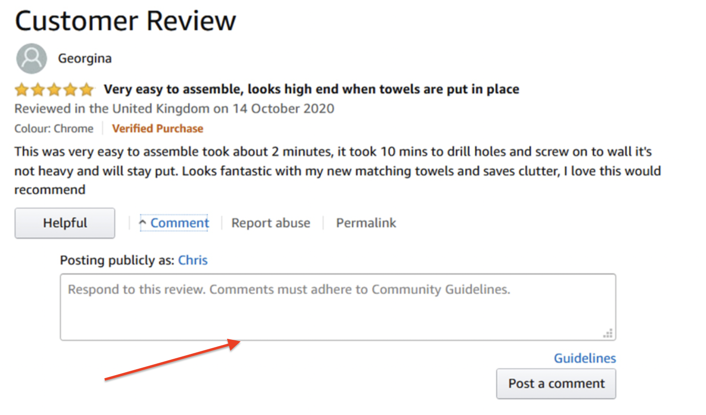 Screenshot of a 5-star Amazon review from a user named Georgina praising a chrome towel rack for its easy 2-minute assembly and sleek appearance when towels are added. Includes a comment box with an arrow pointing to where users can respond publicly.