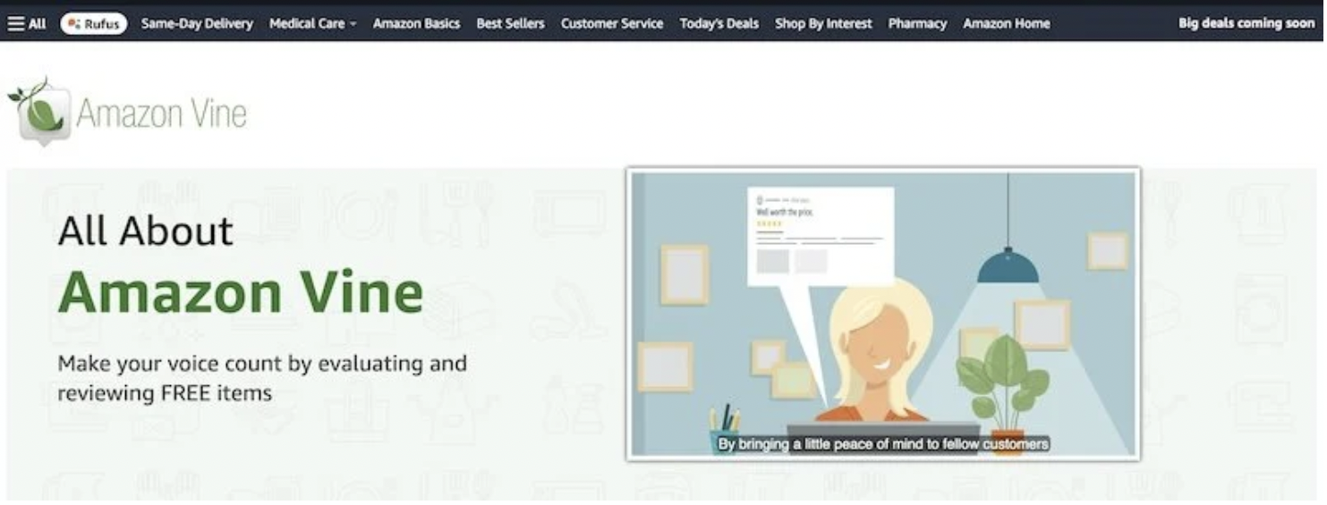 Screenshot of the Amazon Vine homepage featuring a banner that promotes reviewing free items. A cartoon illustration of a woman writing a review is shown, with the tagline “Make your voice count by evaluating and reviewing FREE items.”