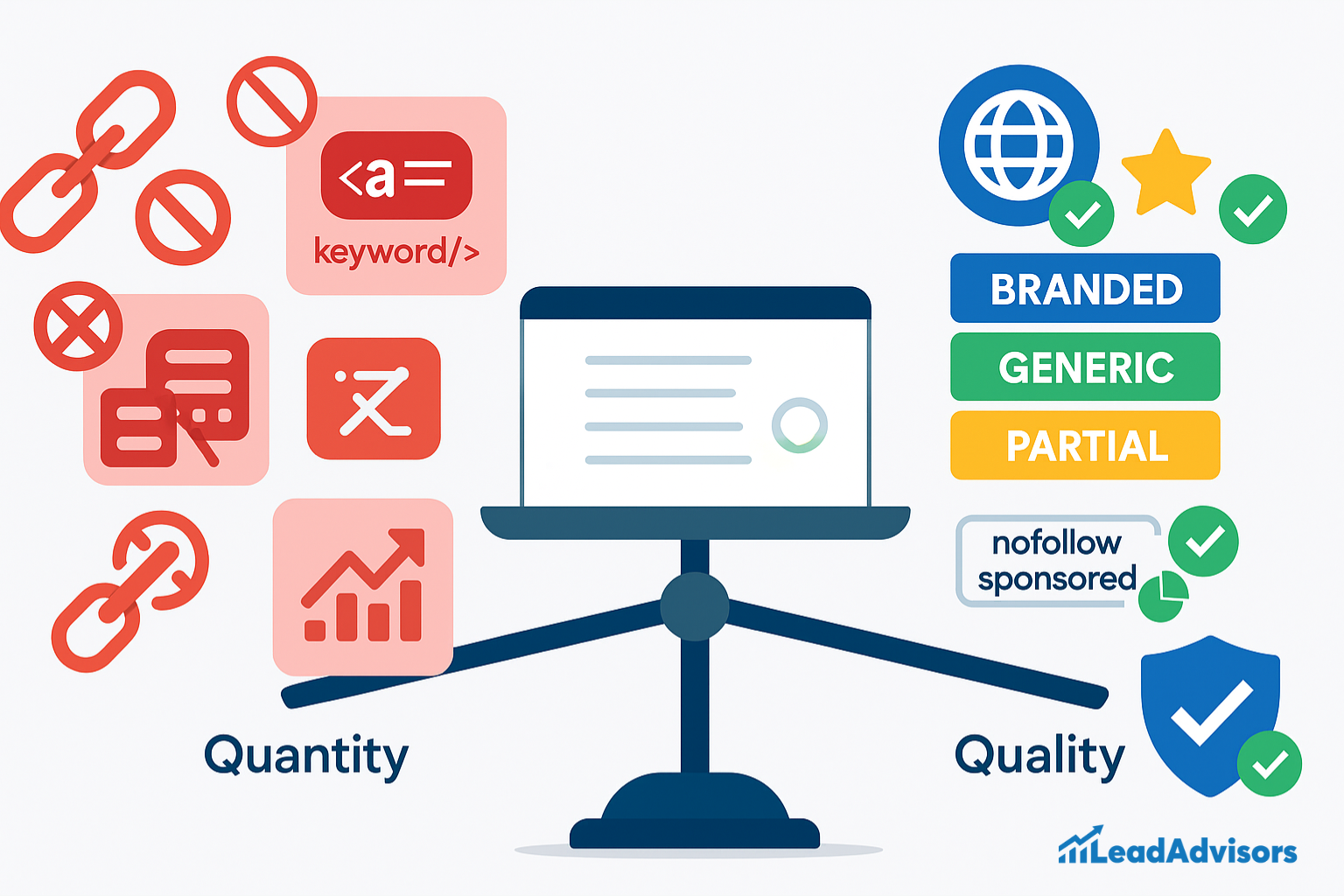 Illustration of a scale balancing backlink quantity versus quality, with red icons representing spammy tactics and overuse on one side, and trusted, branded, generic, partial, and nofollow/sponsored link types with verification checks on the other. Visual by LeadAdvisors promoting quality-focused SEO.