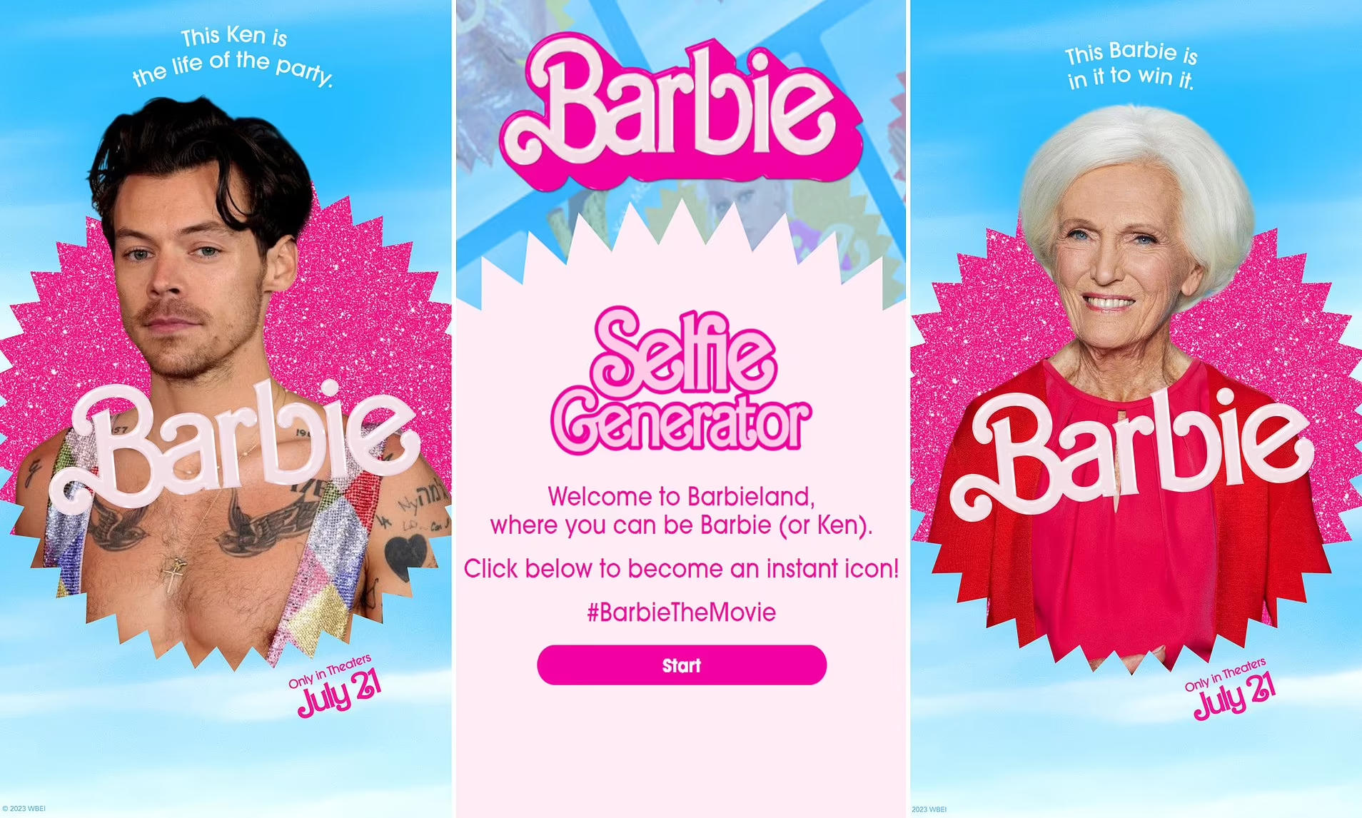 Fan-created Barbie movie posters using the AI Selfie Generator featuring various characters with personalized titles.