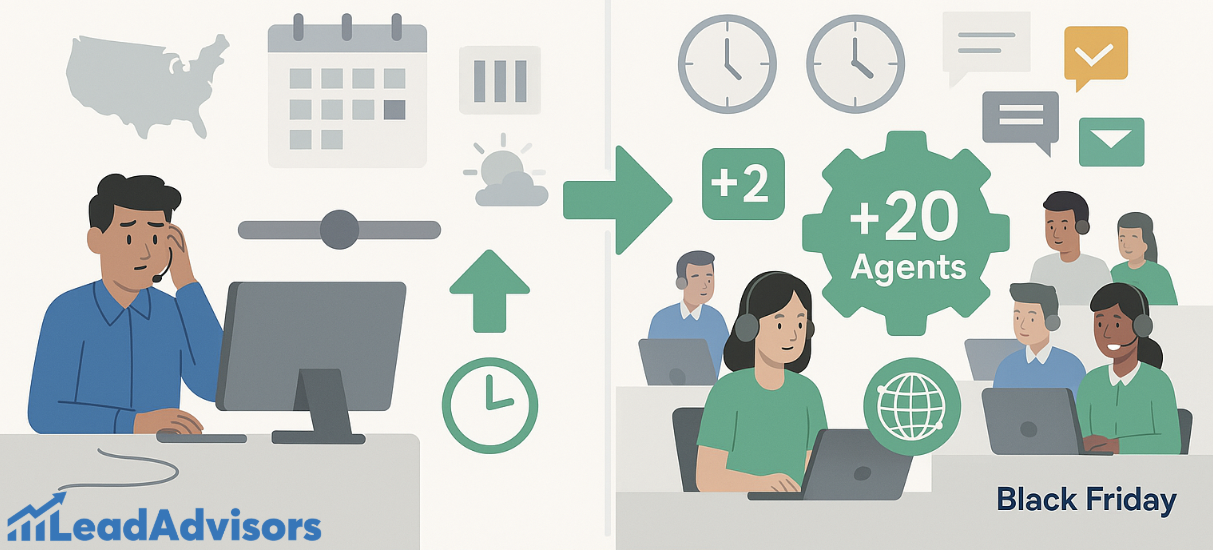 A worried business owner prepares for a spike in demand before Black Friday, transitioning to a busy call center staffed with additional agents. The illustration highlights the quick scale-up from +2 to +20 agents, emphasizing global communication, extended hours, and increased customer interactions.