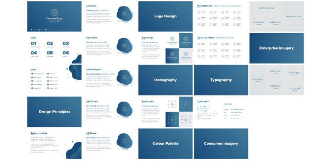 A visual overview of a brand guidelines presentation featuring sections on logo design, iconography, typography, color palette, imagery, and design principles. Each slide outlines consistent branding elements to ensure cohesive visual identity across enterprise and consumer-facing materials.