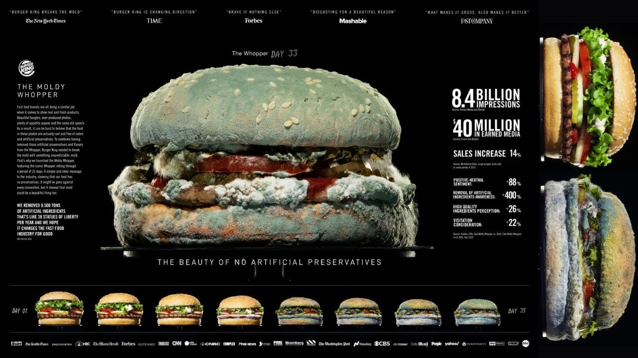 Close-up of a decaying Whopper used in Burger King’s Moldy Whopper campaign to promote the removal of artificial preservatives.