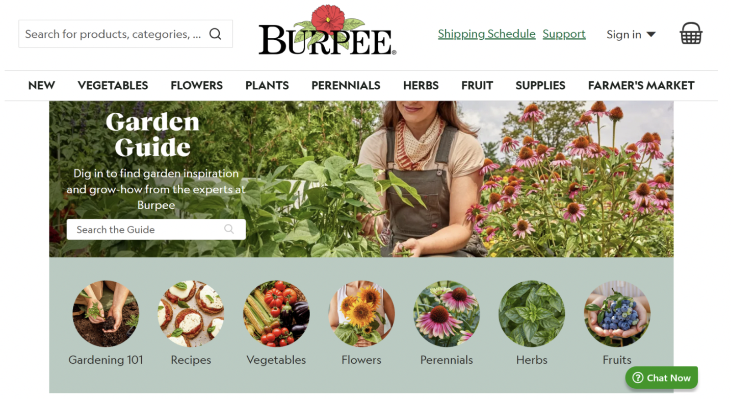 Screenshot of Burpee’s Garden Guide homepage showing a woman gardening among flowers, with navigation options for Gardening 101, Recipes, Vegetables, Flowers, Perennials, Herbs, and Fruits. Includes search functionality and links to categories like plants, supplies, and farmer’s market.