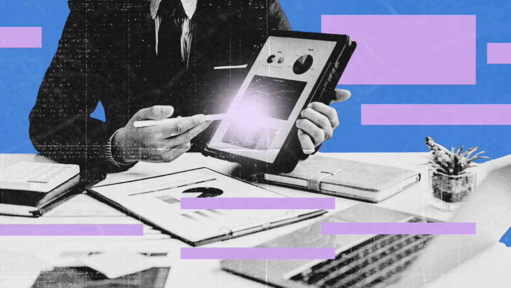 Stylized image of a business professional pointing at a tablet screen displaying analytics dashboards and charts, surrounded by office materials like a laptop, documents, and a plant. The visual uses a modern collage aesthetic with overlays of purple bars and blue background.