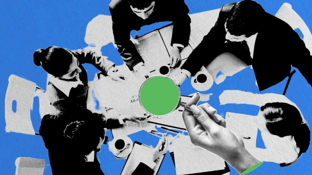 Abstract, stylized image of five business professionals seated around a table in a meeting, viewed from above. The collage-style graphic features bold blue and green accents, coffee cups, documents, and a magnified green circle, symbolizing teamwork, analysis, or decision-making.