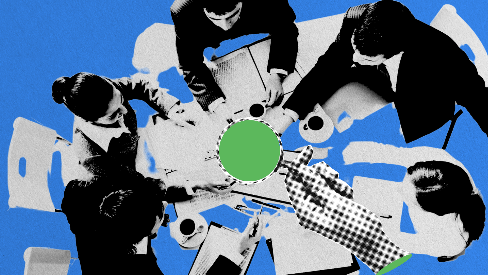 Abstract, stylized image of five business professionals seated around a table in a meeting, viewed from above. The collage-style graphic features bold blue and green accents, coffee cups, documents, and a magnified green circle, symbolizing teamwork, analysis, or decision-making.