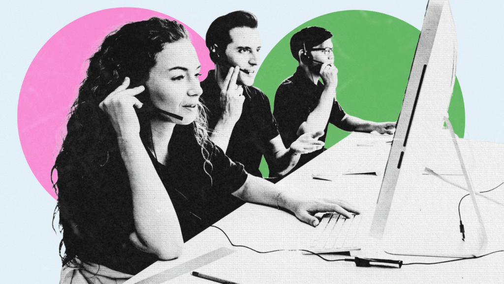 Three call center agents wearing headsets engage in active customer support at their desks. The stylized image features bold pink and green circles in the background, adding a modern, dynamic aesthetic.